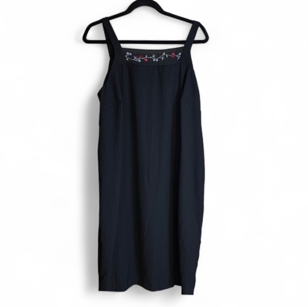 VTG 90s Un Deux Trois Black Crepe Sheath Dress | Embroidered Mesh Neckline |